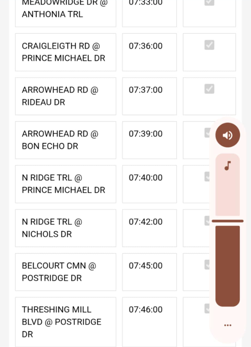 AM run second view showing required stops with 'required' badges